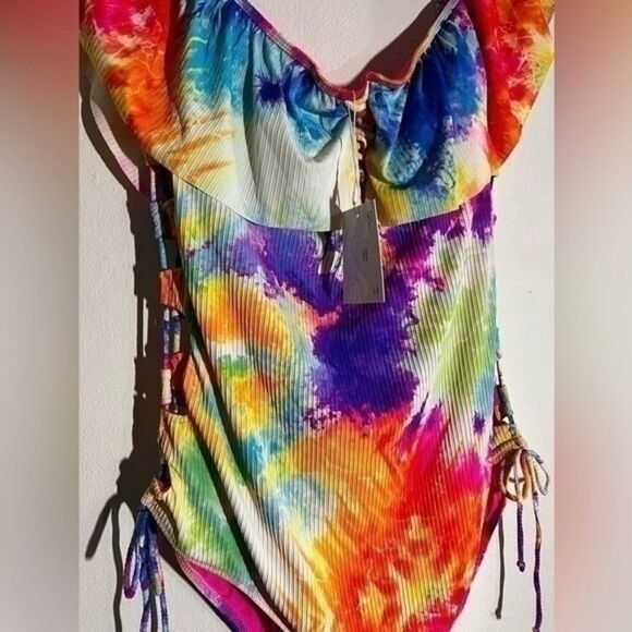 New Coastal Waves Plus Tie Dye Ruffle Off-the-Shoulder Swimsuit - Picture 5 of 13